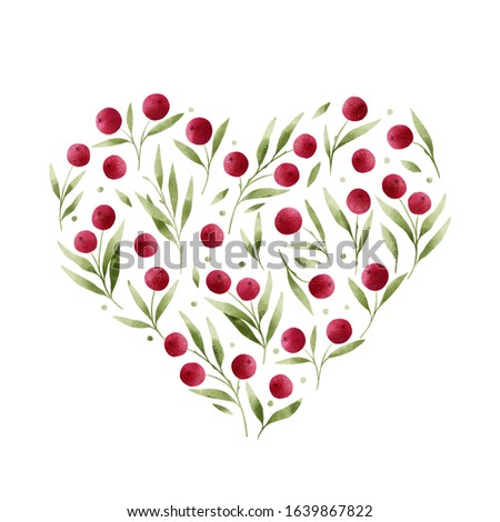 Bright red berries arranged in heart shape, isolated on white background. Botanical illustration. Simple and cute floral drawing.