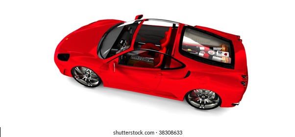 Bright Red Convertible Sportscar / Sports Car, Isolated On White Overhead View