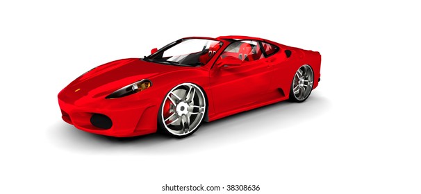 Bright Red Convertible Sportscar / Sports Car, Isolated On White Projection View