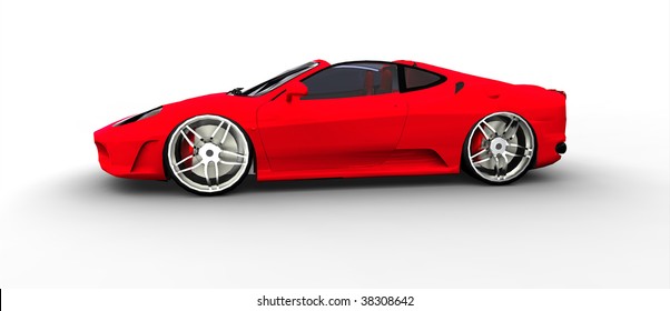 Bright Red Convertible Sportscar / Sports Car, Isolated On White Side View