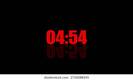 Bright red digital clock numbers showing 04:54 with a reflection on a dark background Clear details and vibrant colors enhance visual appeal.