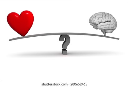 A bright, red heart and gray brain sit on opposite ends of a dark gray board balanced on a gray question mark. Isolated on white.