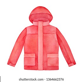 Bright Red Hooded Jacket Watercolour Illustration. Long Sleeves, Standing Collar, Square Pockets. One Single Object, Front View. Handdrawn Water Color Sketchy Drawing, Cutout Clip Art Design Element.