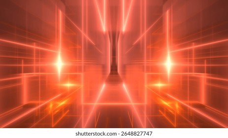 Bright red light beams intersect and radiate from a central point, forming an intricate pattern. This vibrant display suggests a futuristic digital environment or abstract art installation. 3d render