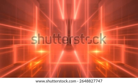 Bright red light beams intersect and radiate from a central point, forming an intricate pattern. This vibrant display suggests a futuristic digital environment or abstract art installation. 3d render