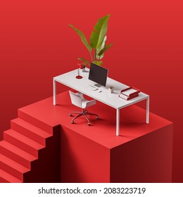 Bright Red Podium With Staircase And White Office Desk. Concept Of Workplace In Abstract Interior Design. No People. 3d Rendering