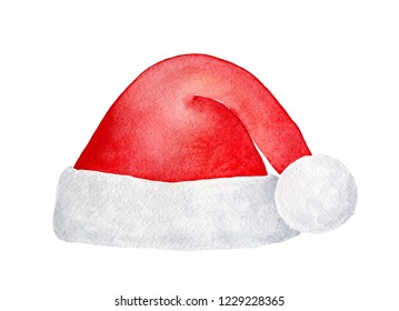 Bright Red Santa Hat With Cute Fluffy Pom-pom For Christmas Party. One Single Object, Front View. Hand Painted Water Color Illustration, Cut Out Clip Art Element For Design, Collages And Decoration.