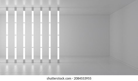 Bright Room With Vertical White Tube Neon Lights. 3d Rendering.