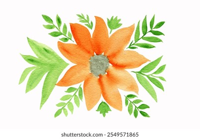 Bright rustic watercolor orange aster with green leaves floral bouquet. Vibrant watercolour daisy red flowers composition for invitation, wedding, birthday greeting cards design, print, sticker - Powered by Shutterstock