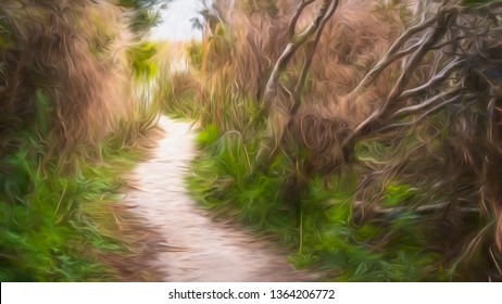 Bright sandy path snaking through dense scrub toward beach on a barrier island in the American South, with digital painting effect 
