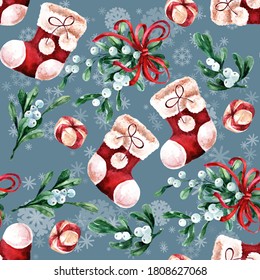 Bright, seamless, Christmas, New Year pattern of candies, Santa's boots and mistletoe branches. 800 dpi watercolor illustrations.
