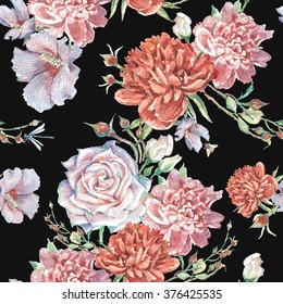 Watercolor Pattern Flowers Hydrangea Peonies Buds Stock Illustration ...