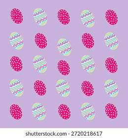  Bright seamless pattern featuring alternating rows of solid hot pink Easter eggs with white dots and light blue patterned Easter eggs with zigzag and small circle designs, set against a solid lavende