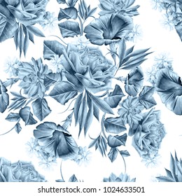 Bright seamless pattern with flowers. Rose. Petunia. Hyacinth. Succulent. Watercolor illustration. Hand drawn.