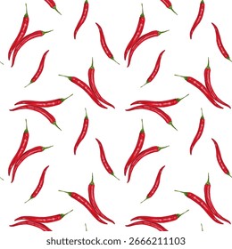 Bright seamless pattern with hot red chili pepper pods on a white background. Watercolor style with an appetizing accent.