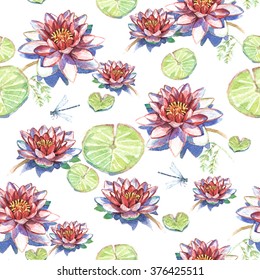 Bright Seamless Pattern With Red Water Lily With Dragonfly On A White Background