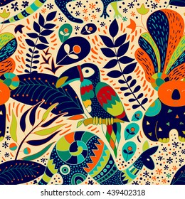 Bright seamless pattern. Tropical backdrop with animals. Colorful wallpaper