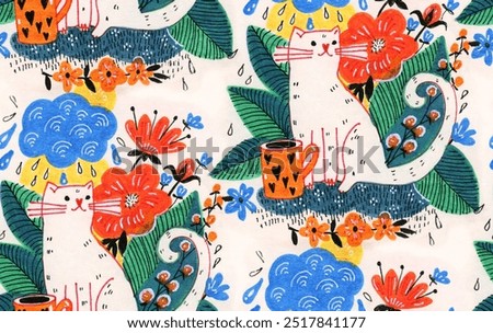 Bright seamless pattern with a white cat and flowers. Drawing with markers and ink.