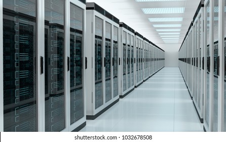 Bright server room data center storage interior 3D rendering