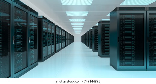 Bright Server Room Data Center Storage Interior 3D Rendering