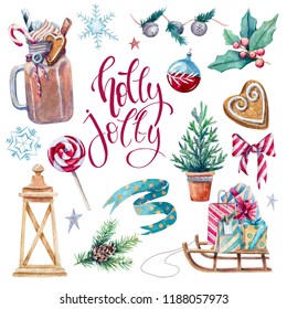 Bright Set Of  Watercolor Holiday Elements
