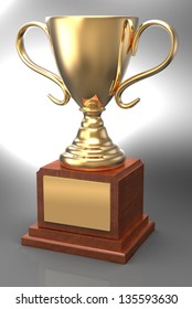 Bright Shiny Championship Gold Trophy Award, Wood Base, Plaque, With Clipping-path