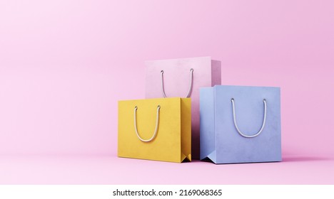 Bright shopping bags on pastel pink background - mock up, branding. Gift paper bags for the holidays. Stylish illustration for advertising brands, firms, goods - 3D render.  - Powered by Shutterstock