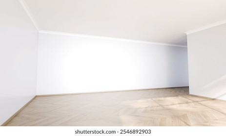 bright and spacious empty room features polished wooden flooring and white walls, offering a clean canvas for future decoration and personal touches. natural light enhances the openness. 3d render