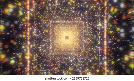 Bright square tunnel with particles. Motion. Immersion in cosmic flow of square tunnel. Lots of bright particles in square tunnel
