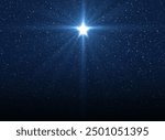 Bright Star. Christmas star of the Nativity of Bethlehem, Nativity of Jesus Christ. Background of the beautiful dark blue starry sky.