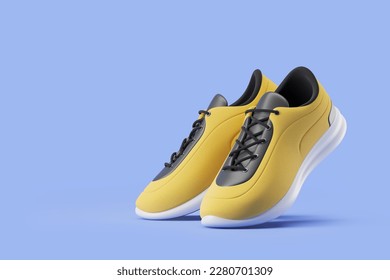 Zapatillas deportivas amarillas y negras brillantes y elegantes con cordones negros sobre fondo azul claro. Concepto de deporte y estilo de vida activo. 3 d renderizado, burlarse