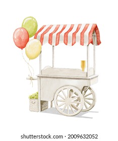 Bright summer ice cream cart with balloons isolated on white background. Watercolor hand drawn illustration sketch