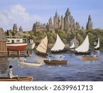 Bright summer scene of various boats and sailboats in the Ottawa River below Parliament Hill, circa 1900.