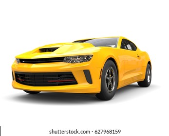 Bright Sun Yellow Modern Muscle Car - Front View Closeup Shot - 3D Illustration