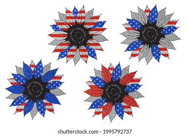 Bright Sunflower In Color Of National American Flag. Independence Day Clip Art Pack On White 
