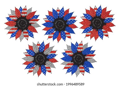 Bright Sunflower In Color Of National American Flag. Independence Day Clip Art Pack On White Background