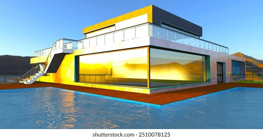 Bright sunlight reflects off the mirrored corner window of a mountain country house. Pool on the terrace. 3D rendering. - Powered by Shutterstock