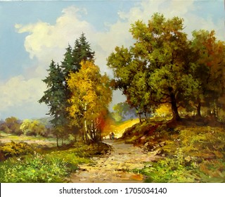 Bright Sunny Autumn Day With Colorful Trees,oil Painting, Fine Art, Road, Park, Trees, Autumn, Nature, Landscape