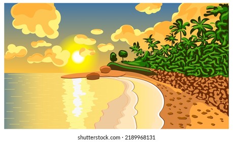 Bright Sunny Picture Of A Tropical Beach. Sunrise Sunset, Sea, Palm Trees, Clouds, Glare On The Water. Ocean Shore, Sand And Waves. Background Design, Website, Postcard, Print, Cover.