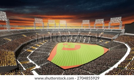 Bright sunset 3D rendered baseball stadium with colorful sky and wide field view. Concept of warm game-day mood, vibrant sports culture, editorial marketing use, and scenic stadium backdrop.