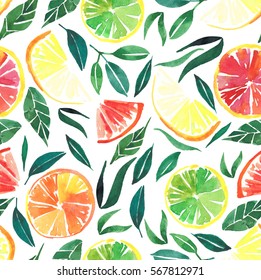 Bright Tasty Citrus Pattern Watercolor Hand Sketch