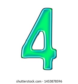 Bright teal blue green color shiny glass number four 4 in a 3D illustration with a shining metallic glossy metal effect & rustic edge font isolated on a white background