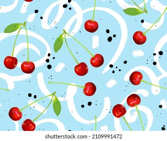 Bright Textile Fresh Fashionable Digital Photo Print Pattern Wallpaper Decor With The Image Of Cherry Berries On A Light Blue Background With Black Spots Dots.