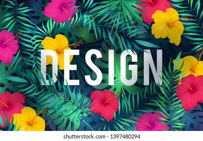 Bright tropical background. Exotic pattern jungle plants palm leaves flower rainforest hawaiian nature green summer art spring card