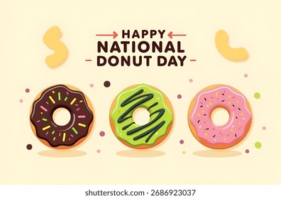 Bright vector illustration for National Donut Day. Ideal for bakery promotions and social media. Celebrates this sweet food holiday with cheerful design.