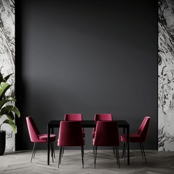 Bright Viva Magenta 2023 Color Dining Room. Black Table And Colorful Carmine Red Crimson Chairs. Empty Dark Paint Wall Blank For Art, Frame Or Decor. Modern Interior With Trendy Accents. 3d Render 
