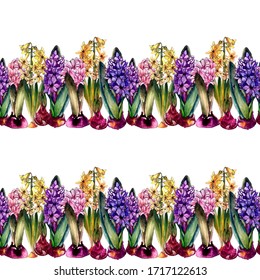 Bright watercolor  hyacinths . Seamless pattern. Spring and summer design for textile, fabric, wallpaper, background, packaging, wrapping paper, covers. - Shutterstock ID 1717122613