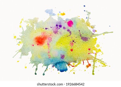 Bright watercolor paint yellow-pink- blue brush ink, splash stroke stain drop. Abstract art illustration on a white background. Banner for text, grunge element for decoration or book cover. - Powered by Shutterstock