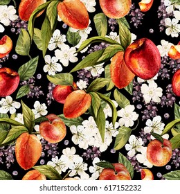 Bright watercolor pattern with flowers, currant and peach fruits. Illustration