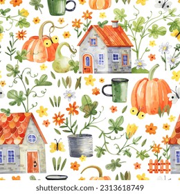 Luminoso patrón acuarela con calabazas anaranjadas, granjas, herramientas de jardín y flores sobre un fondo blanco. Fondo sin inconvenientes, ilustración de acuarela a mano.